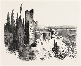 THE BURNING OF THE ALHAMBRA AT GRANADA: THE RED TOWER, ANDALUSIA, SPAIN, 1890 engraving