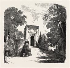 THE BURNING OF THE ALHAMBRA AT GRANADA: THE GATE OF JUSTICE, ANDALUSIA, SPAIN, 1890 engraving
