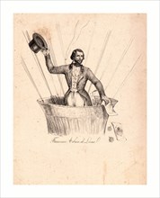 Half-length portrait of French balloonist Francesco Arban standing in the basket of a balloon,