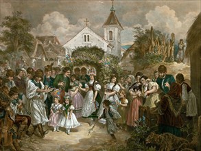 Queen of Pentecost, hungary, 19th century, village party, man, woman, children, girls, flowers,