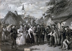 A wedding in the village, 19th century, men, women, male, female, dancing, drinking, playing the