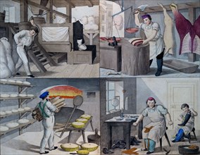The bakery, the butchers, the shoemaker, 19th century lithograph, bread, oven, fire, baker, bake,