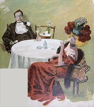 Drinking champagne by Franz Hlavaty, 1861-1917, german . Man , woman, table, champgne, glasses,
