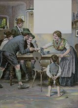In the pub by Josef Mukarovsky, 1851-1921, German. man, woman, child, boy, beer jug, folk dress,