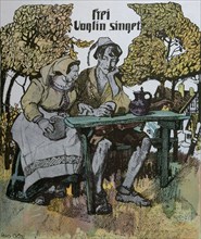 Frei voglin singet  by Ferdinand Gotz, 1874-1936, German. In the garden, drinking, man, woman,