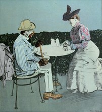 Drinking coffee by Ferdinand Gotz, 1874-1936, German. man, woman, coffee, table, coffee pot, coffee