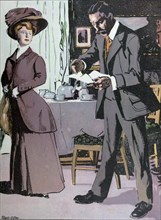 Afternoon tea by Ferdinand Gotz, 1874-1936, German. , tea, lady, man, table, teapot, tea,  food and