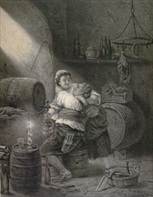 Love in the winecellar, barrel, wine, man, woman, male, female, barrel, bottle, glass, candle, 19th