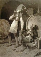 Wine cellar, drinking a glass of wine, two men, wine barrels, winery, storage, alcohol, alcoholic,