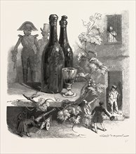 Wine bottles and glass by Emile Bayard, 1837 - 1891, France. food and drink, liszt gourmet archive,