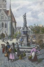 Water fountain in Szeged Hungary, 19th century. water, waterjugs, jugs, women, man, barrel, liszt