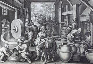 Oleum olivarum, the invention of the olive oil press, engraving circa 1591, by Stradanus or