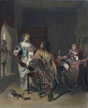 The rejected proposal by Jan Verkolje, 1650-1693. wine glass, wine jug, man, woman, dog, interior,