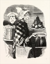 French lady and a cook bring the desserts by Bertall, 1820-1882, Paris, Soyons, France, Europe,