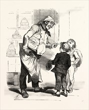 French cook talking with two children by Bertall, 1820-1882, Paris, Soyons, France, Europe, 19th