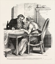 French man and woman playing cards by Bertall, 1820-1882, Paris, Soyons, France, Europe, 19th