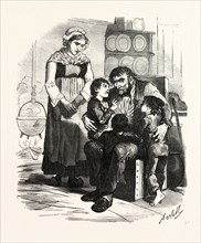 French family in the kitchen by Bertall, 1820-1882, Paris, Soyons, France. interior, kitchen, man,