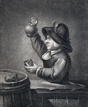 drinking, man, glas, jug, barrel, 17th century, europe, interior, dutch golden age, domestic,