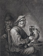 drinking and smoking, man, glas, jug, pipe, pipe, barrel, 17th century, dutch, belgium, interior,