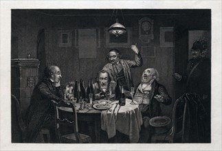 The guests, 1864, food and drink, table, bottle, bottles, glass, glasses, wine, champagne, man,