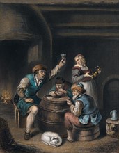 drinking and smoking, man, woman, glas, jug, pipe, pipes, barrel, 17th century, dutch, belgium,