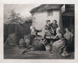 A glass of champagne at home, bottle, glasses, woman, man, baskets, umbrella, 19th century, jug.