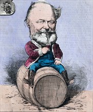 Sitting on a barrel and drinking a glass of wine, 1872. man, beard, wine barrel, austria hungary,