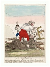 Print shows a member of the Third Estate, possibly a woman, kneeling on top of a fallen friar,