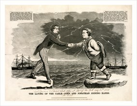 The laying of the cable: John and Jonathan joining hands, 1858. A crude but engaging picture,