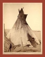 A young Oglala girl sitting in front of a tipi, with a puppy beside her, probably on or near Pine