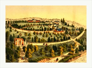 Bird's eye view of George Washington's Mount Vernon estate, with house in upper right and tomb in