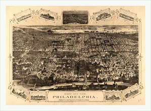 Bird's eye view of Philadelphia between the Schuykill River, in the foreground, and the Delaware
