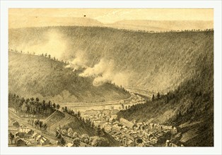 Bird's eye view showing Mauch Chunk, Pennsylvania with Lehigh Canal, railroad, and mountains in