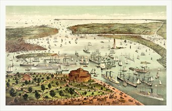 The Port of New York, Birds eye view from the Battery, looking south by Currier & Ives circa 1892,