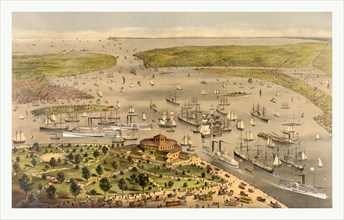 Port of New York, birds eye view from the battery looking South by Currier & Ives circa 1878, US,