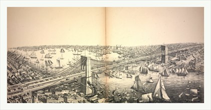 Bird's eye view of the great suspension bridge, connecting the cities of New York and Brooklyn from
