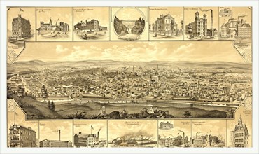 Bird's eye view of Paterson, New Jersey showing railroad in the foreground; vignettes of prominent