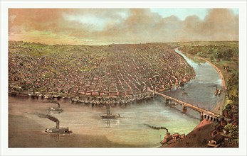 Bird's eye view of Saint Louis, Missouri as seen from above the Mississippi River, circa 1873, US,