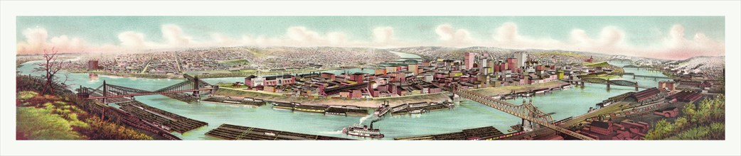 Bird's eye view of the skyline of Pittsburg at the confluence of the Allegheny and Monongahela