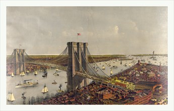 Grand birds eye view of the Great East River suspension bridge Connecting the cities of New York &