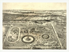bird's eye view of fairgrounds at the St. Louis fair, circa 1874, US, USA, America