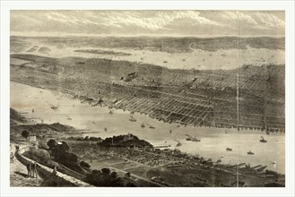 Bird's eye view of New York City, New York, showing Battery Park on the right and Central Park on