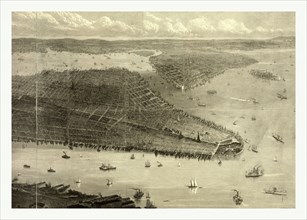 Bird's eye view of New York City, New York, showing Battery Park on the right and Central Park on