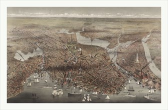 Birds eye view of the City of Boston by Currier & Ives circa 1873, US, USA, America