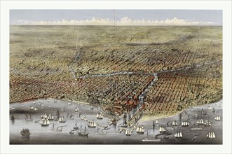 Bird's eye view of Chicago, Illinois from above Lake Michigan by Currier & Ives circa 1874, US,