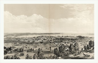 Bird's eye view of Hamilton, Ontario, Canada, in 1859, showing harbor in the distance by Rice &