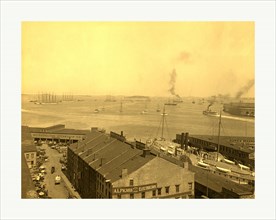 Bird's eye view of waterfront, Boston, Mass., docks and harbor, with sail and steam vessels,