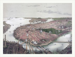 Boston bird's eye view from the north by J. Bachmann, circa 1877, US, USA, America