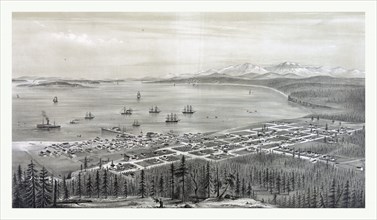 Bird's eye view of Port Townsend, Puget Sound, Washington Territory. From the north east, circa