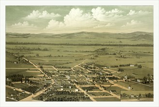 Bird's eye view of Jacksonville and the Rogue River Valley, Oregon, circa 1883, US, USA, America